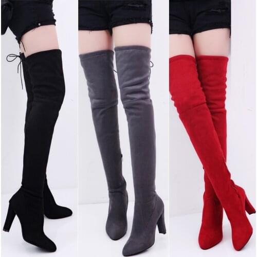 Womens Sexy Suede Thigh High Boots Block Thick Heel Stretch Overknee Boots Plus Size 35-43 Zapatos De Mujer 2021