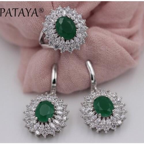 PATAYA New Women Luxury Wedding Jewelry Green Natural Zirconia Big Earrings Ring Sets True White Gold Party Multicolor Jewelry