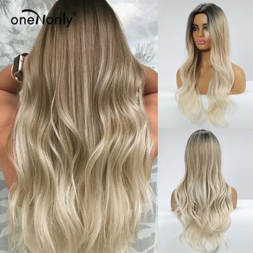 OneNonly Long Wave Middle Part Ombre Black to Ash and Platinum Blonde Synthetic Wigs for Women Party Lolita Hair Cosplay Wig