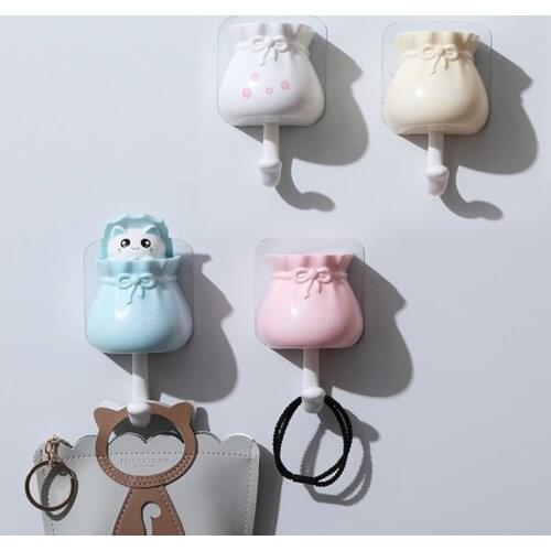 1pc Cute Household Cartoon Cat Decorative Hooks Key Holder Wall Mounted Adhesive Coat Hanger Hat Rack