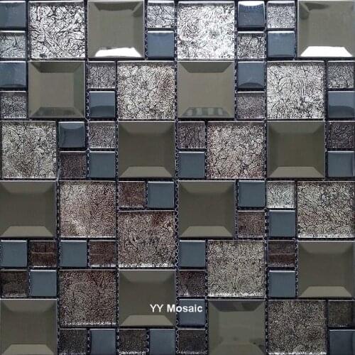 8mm Convexed Metal Gray Foil Glass Mosaic Tile for Cerative Wall Decoration,YY-248