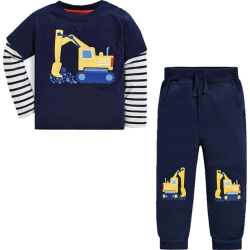 Jumping Meters Long Sleeve Cotton Boys Clothing Sets Excavator Embroidered Childrens Outfits Kids 2 Pcs Suits