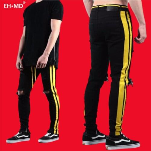 EH·MD® Bright Gold Double Striped Jeans Mens Drawstring Elastic Waist Knee Hole Hole Feet Pants Slim Reflective Skinny 2020 New