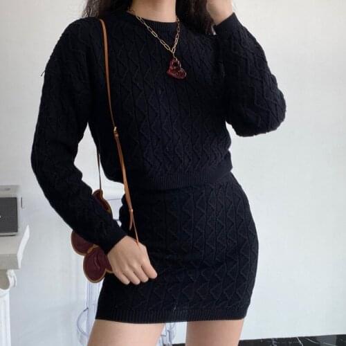 WOMENGAGA Autumn Skirt Suits Two Piece Set Women Solid Color Long Sleeve Loose Knitted Sweater + Package Hip Mini Skirts E256