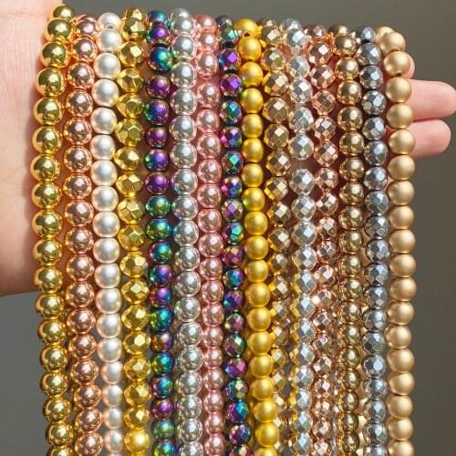 Natural Stone Gold Silver Color Hematite Round Loose Beads For Jewelry Making DIY Bracelet Accessories 15'' 2/3/4/6/8/10/12mm