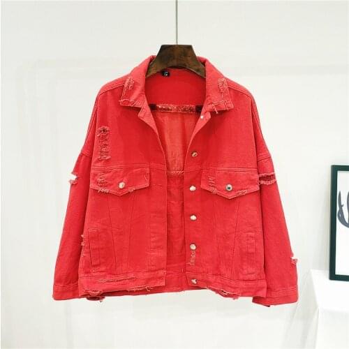 Sequined Denim Coat Women Fashion Loose Hole Ripped Red Short Jean Jacket Streetwear Spring Autumn Single Breasted Outerwear