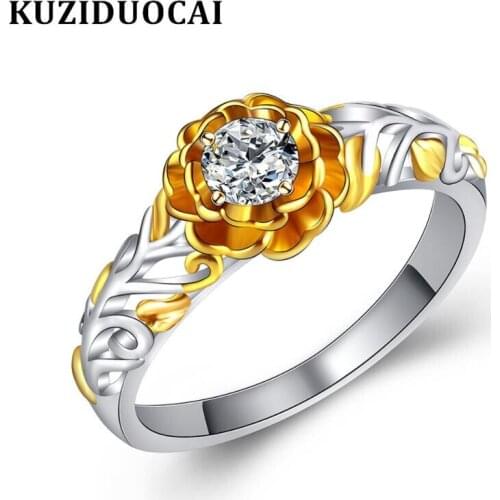 Kuziduocai New Fashion Jewelry Zircon Stainless Steel Rose Flower Wedding Bride Party Rings For Women Girl Mujer Anillos R-762