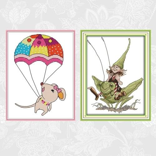 Grasshopper Elf Cross Stitch 14CT 11CT Printed on Canvas DMC Cross Stitch Kits Little Mouse Parachuting Embroidery Needlework