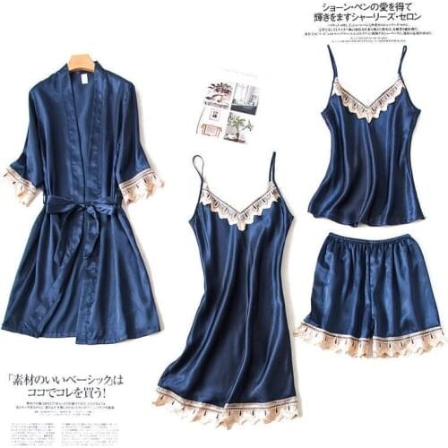 Summer New Satin Gold Lace Trim Pijamas Fashion Women Sleepwear Pyjamas Nightdress Shorst Cardigan Set Pajamas