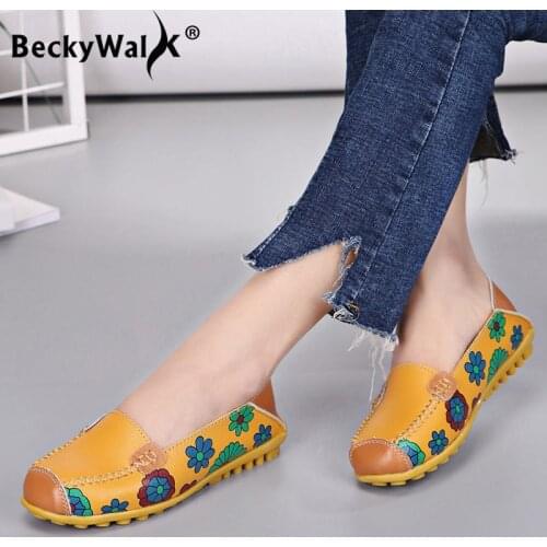 Leisure genuine leather women flats fashion print slip on casual shoes woman comfortable mother loafers female moccasins WSH2682