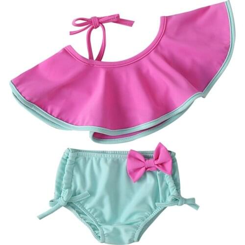 Cute Kids Baby Girl Two-Piece Swimsuits Boho Bowknot Swimwear Summer Ruffles One Shoulder Tops Bottoms Girl Beachwear 1-5Y