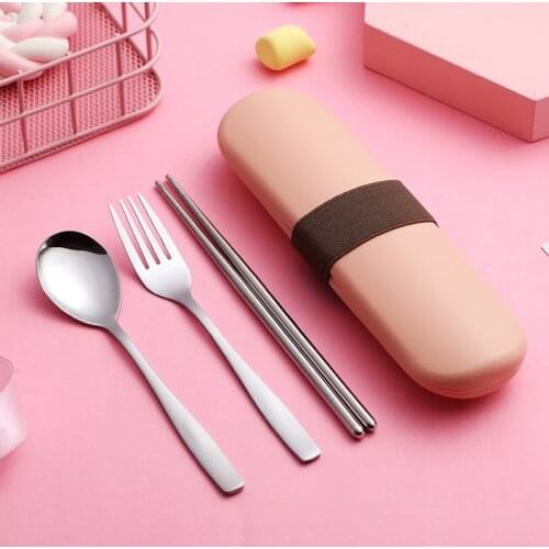 Student Japanese-Style Portable Household ChildrenS Cute Cutlery Box Three-Piece Stainless Steel Chopsticks Fork Spoon Set
