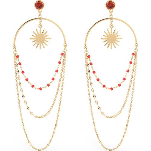Retro irregular multi-layer metal chain gold plated pendant earrings Sun shape inlaid gemstone drop earrings for women