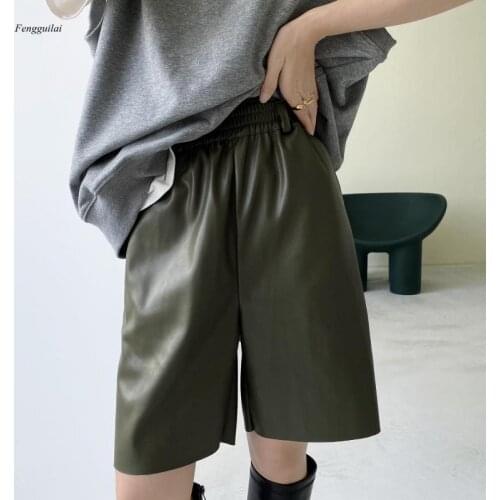 Autumn Pu Leather Womens Casual High Waist Slimming Cropped Trousers Korean Outerwear Loose Straight Shorts