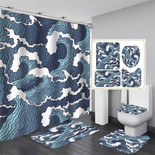 River Color Cat Pattern Simple Shower Curtain Floor Mat Toilet Mat Waterproof and Mold Washable Bathroom Decoration with Hock