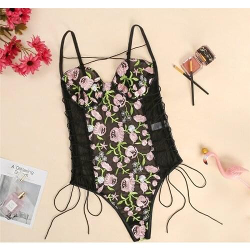 Sexy Lingerie women set Floral Embroidery Sheer Mesh One Piece Lingerie Set no bra Backless Bralette sexi Intimates lace