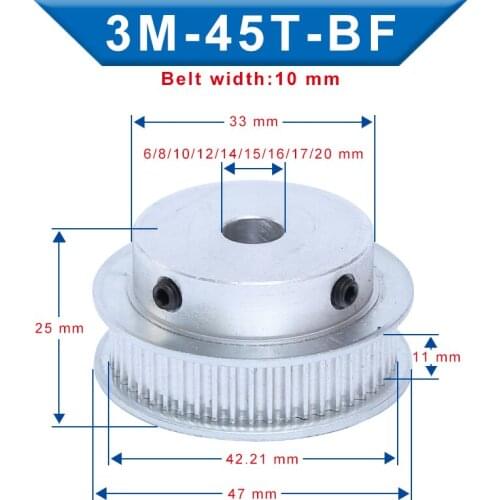 Timing Pulley 3M-45T Bore 6/8/10/12/14/15/16/17/20 mm Aluminum Material Pulley Slot Width 11 mm For Width 10 mm 3M-Timing Belt