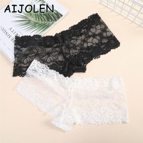 AIJOLEN Oversized Ladies Lace Boxer Shorts Black Silk White Flowers Hollow Underwear Sexy Lightweight Low-rise Erotic Lingerie