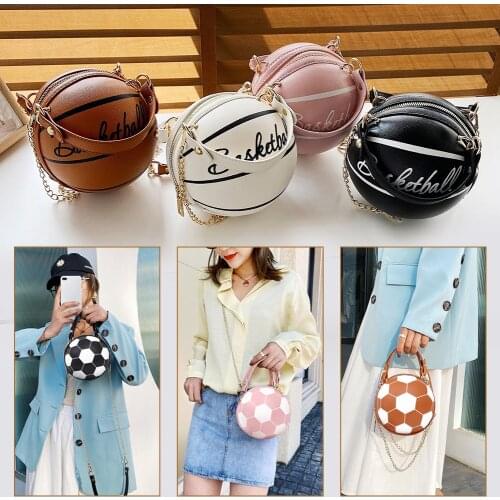 Fashion Basketball Football Round Shaped Shoulder Bags for Women Chain Casual Zipper Totes ePU Leather Messenger Crossbody Bag