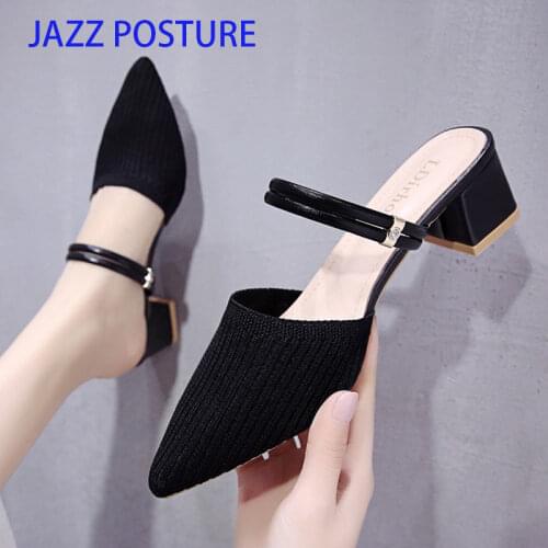 Knitted Elastic Mesh High Heels 2021 Spring Autumn Shoes Women Fashion Square Heel Mules Shoes Comfortable Heels Pumps z790