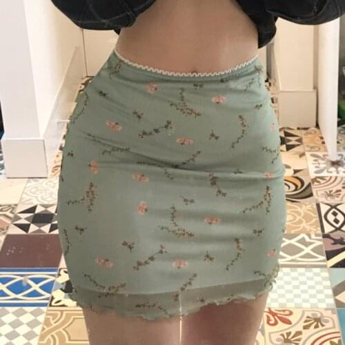 Women Mesh Bodycon Mini Skirt Vintage Floral Print High Waist Lettuce Trim Short Pencil Skirt