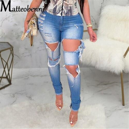 2021 Fashion Sexy Stretch Slim Denim Pant Womens High Waist Zipper Fly Casual Big Hole Skinny Bottom Streetwear Pencil Jeans