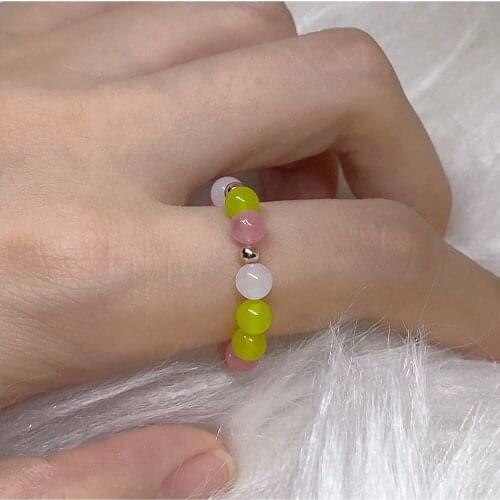 Women Love Rings with Pink Green Natural Stones Summer Handmade Gold Plated Beads Decorations Jewelry Girl Gift