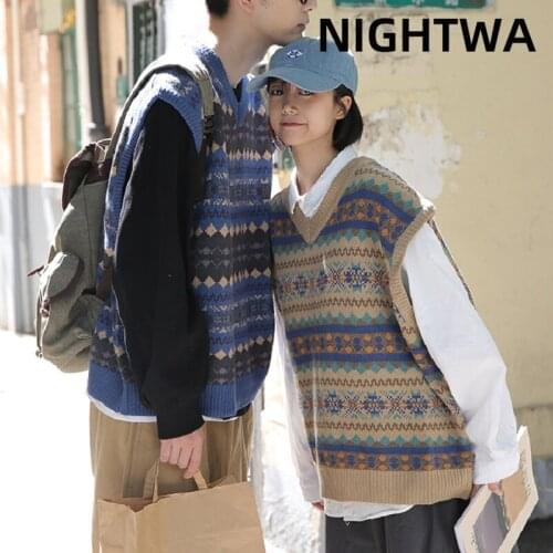 NIGHTWA Sweater Vest Women V-neck Lattice Patchwork Knitted Couples Loose Casual Harajuku Vest Korean Style Leisure Knitted Vest