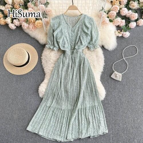 2021 summer new women V-neck singe breasted ruffles print chiffon A-line dress female Chic elegant waist pleating dresses