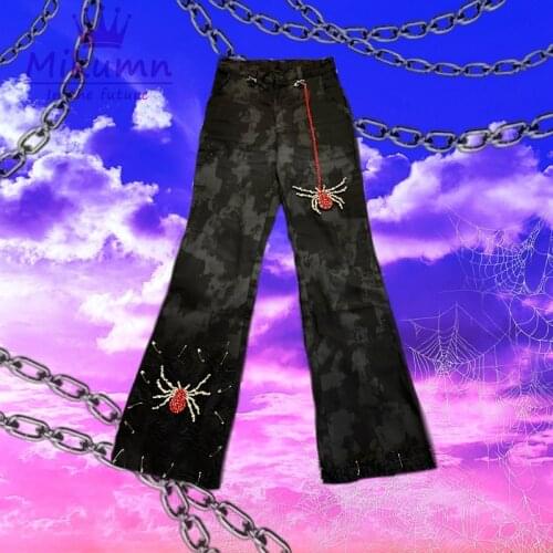 Harajuku Gothic Grunge Chic Rhinestone Spider High Waist Slim Tie-dye Wide Leg Pants Punk Streetwear