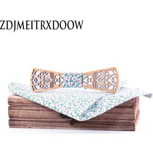 Wooden Bow Tie Handkerchief Floral Set Mens Plaid Bowtie Wood Hollow carved cut out design with Gift Box Fashion Novelty tie