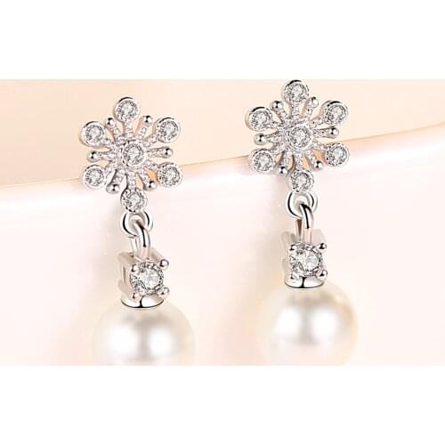 GE50 925 Silver Trendy Snow Flower Pearl Crystal Ladies Stud Earrings Jewelry Women Christmas Gift Drop Shipping Cheap
