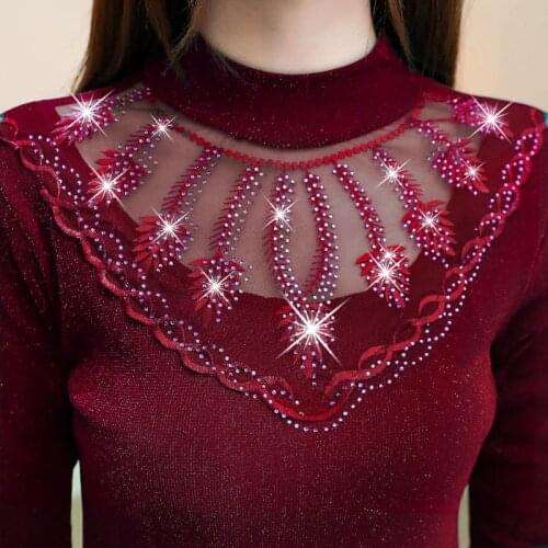 Lace Womens Autumn and Winter Long Sleeve Turtleneck Grenadine plus Size T-shirt
