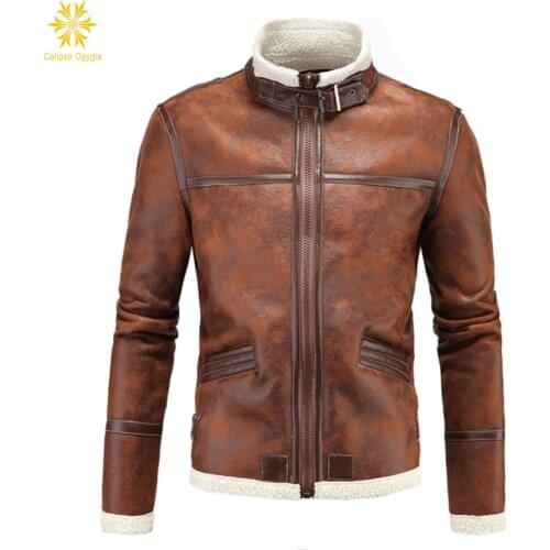 Calipso Ogygia Winter Mens Lambskin Brown Leather Jacket Black Slim fit Biker Motorcycle jacket Faux Fur Coats Brand Colthing