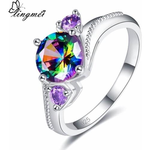 Lingmei Gorgeous Cocktail Round Cut Rainbow & Black & Purple Cubic Zircon Fashion Jewelry Silver Color Ring Wedding Size 6-9