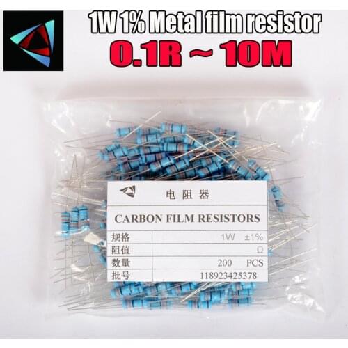 200pcs 1W Metal film resistor 1% 0.1R ~ 10M 2R 10R 22R 47R 100R 330R 1K 4.7K 10K 22K 47K 100K 330K 470K 0.22 0.33 0.47 0.68 ohm
