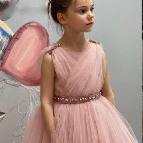 Custom Made Cheap Blush Pink Tulle Pearls Long Wedding Bridal Flower Girl Dresses For Junior Girls