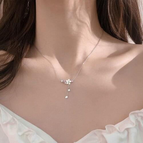 VENTFILLE 925 Sterling Silver Cherry Flower Shell Long Tassel Necklace for Women Sweet Heart Pendant Clavicle Chain Necklace