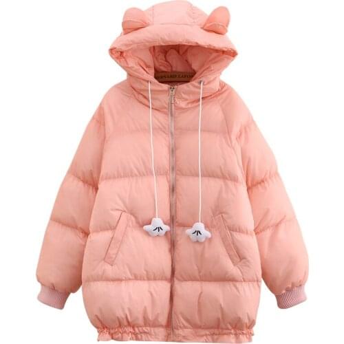 Pink Solid Hooded Jacket Parka Warmness Cotton Liner Down Coats Women 2021 Winter Pocket Drawstring Casual Female Outwear