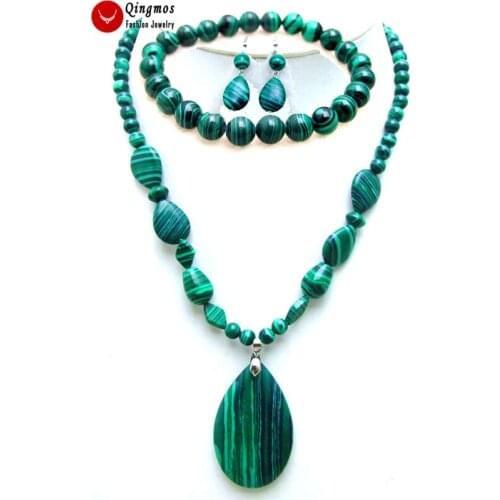 Qingmos 30*40mm Oval Stripe Natural Green Agates Pendant Necklace for Women with Stone Bracelet Earring Jewelry Set