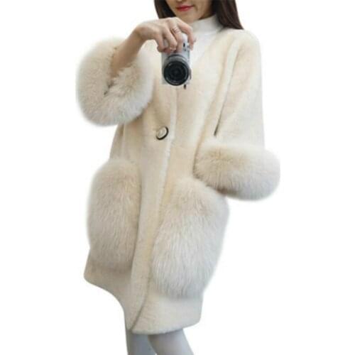 Autumn Winter Faux Mink Fur Coat Womens Long Imitation Fox Spliced Wool Sheep Shearing Jacket Loose V-neck Half Sleeve Cardigan