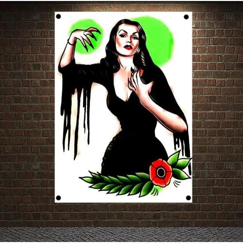 Tattoo Banner Retro Canvas Painting Wall Art Print Vintage movie Posters Home Decor Mural Hanging Flag 4 Gromments in Corners