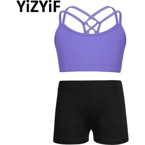 Kids Girls Yoga Costume Outfit Tanks Bra Tops Crop Top With Shorts Activewear Set Children Ballet Dance Workout Exercise Clothes