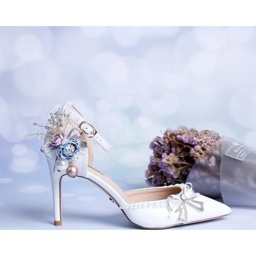 Bride Shoes Pearl Flowers Simple Fine-heeled Womens Sandals White Buckle Wristband Hollow Point High-heeled Shoes