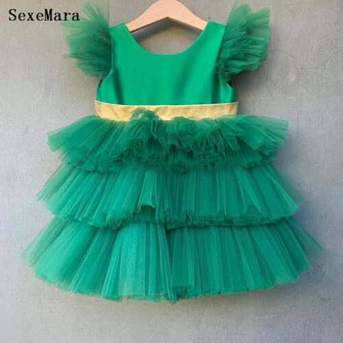 High Quality Custom Baby Girls Dresses Tulle Knee Length Backless Princess Summer Dress Ruffle Layers Flower Girl Dresses