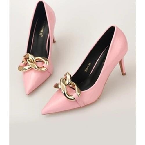 2021 European and American autumn new fashion high heels stiletto metal chain shallow mouth single shoes women