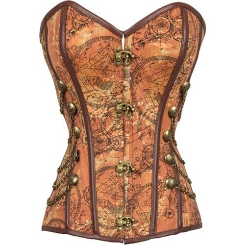 Corzzet Women Sexy Brown Steampunk Gothic Overbust Lace Up Steel Bone Buckle Bustiers & Corsets For Girls Dancing Club Wear