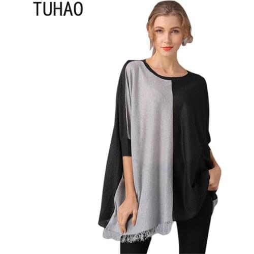 Woman Sweater Thin TUHAO Fall O-neck Half Sleeve Large Size Female Clothes Hem Tssel Color Patchwork Long Knitted Tops T17016