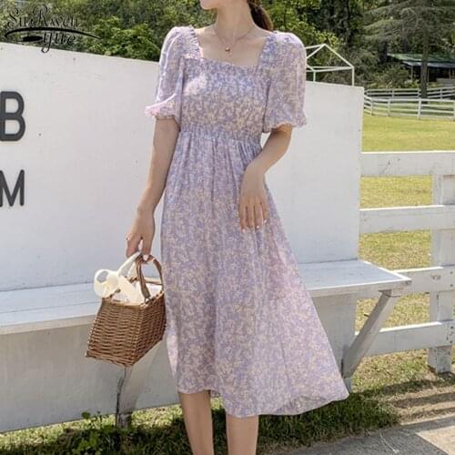 Vestidos Korean Fashion Maxi Dress 2021 Summer Dress Vintage Chiffon Floral Puff Sleeve Square Collar Women Dresses Robe 14672