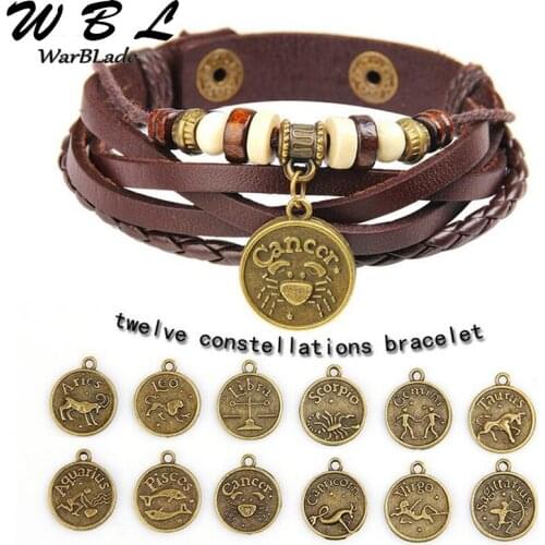 2019 New Fashion Leather Bracelet Zodiac Signs 12 Constellations Bracelets Bangle Men Punk Wristband Charm Jewelry Gift WBL